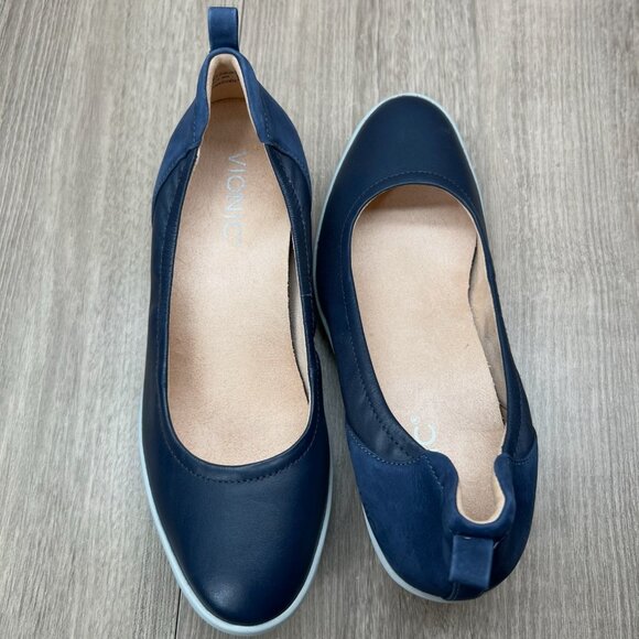 Vionic Jacey Slip-On Wedge Shoes Size 6.5 Arch Support Comfort Leather Navy Blue - Picture 7 of 11
